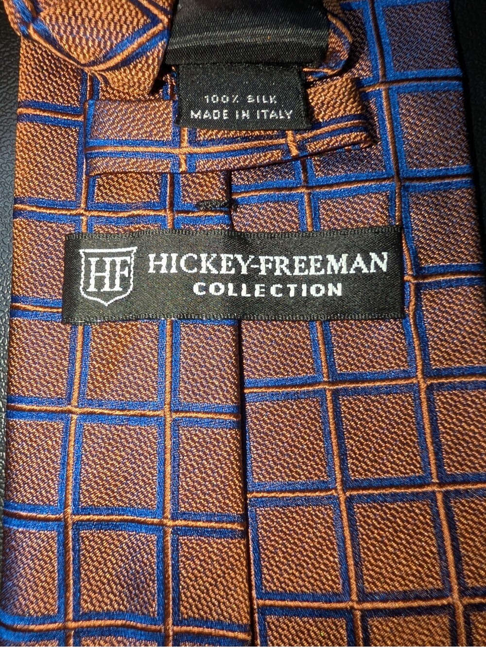 Hickey Freeman Silk Tie Bronze Blue Squares
